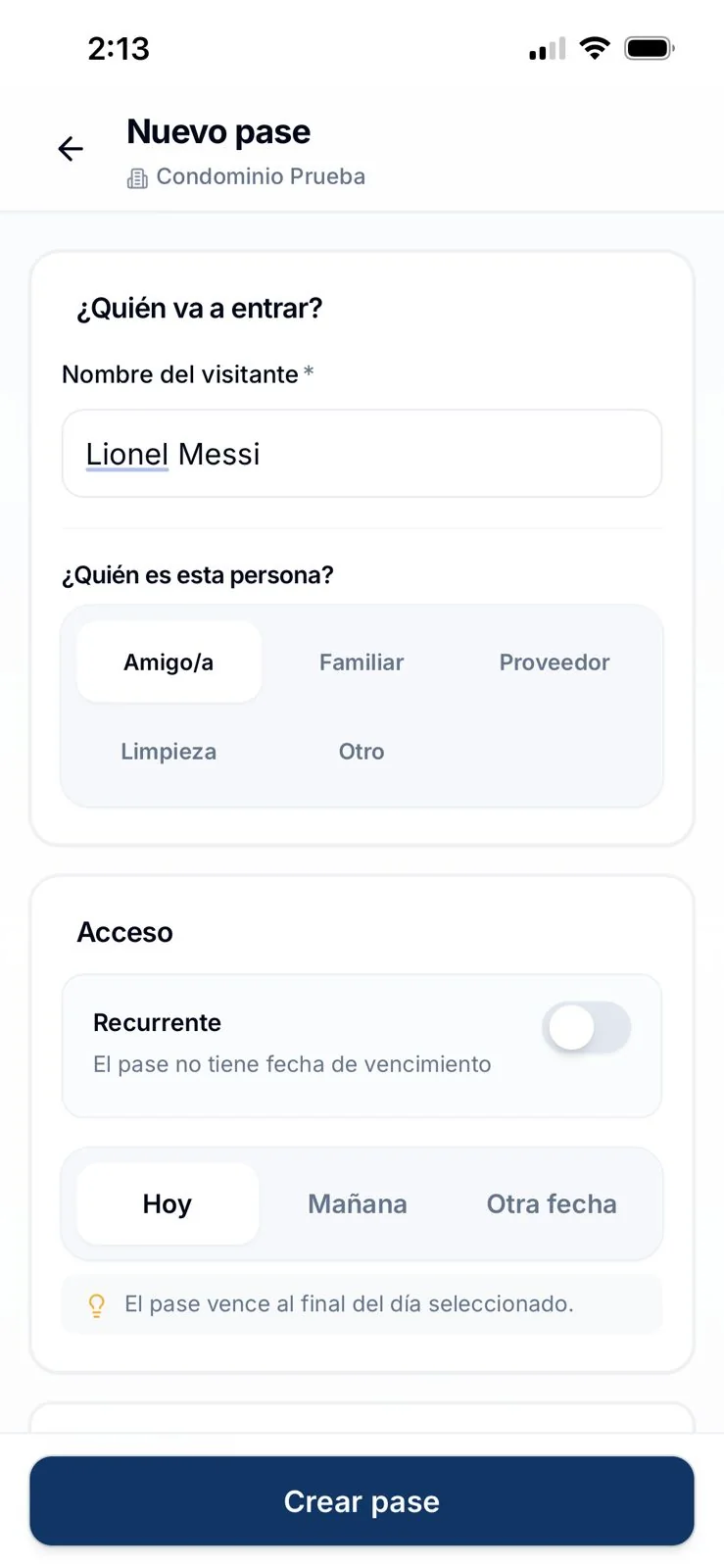 App residente — crear pase